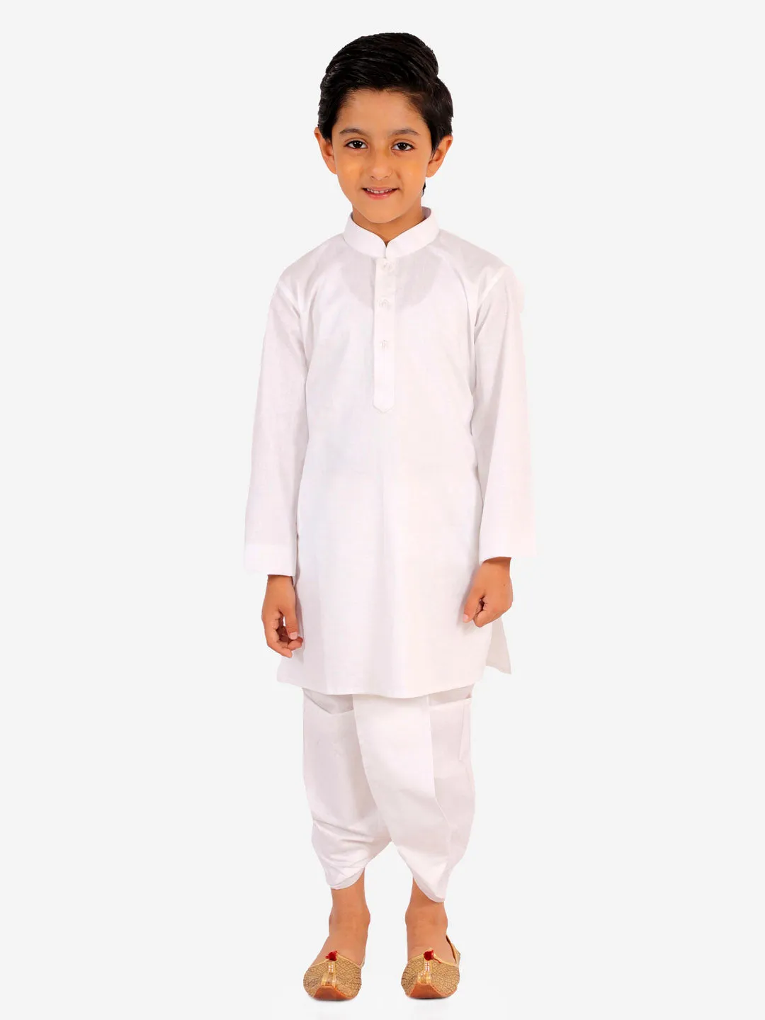 Jashvi Boy's Maroon And White Matka Silk Jacket, Kurta and Dhoti Set