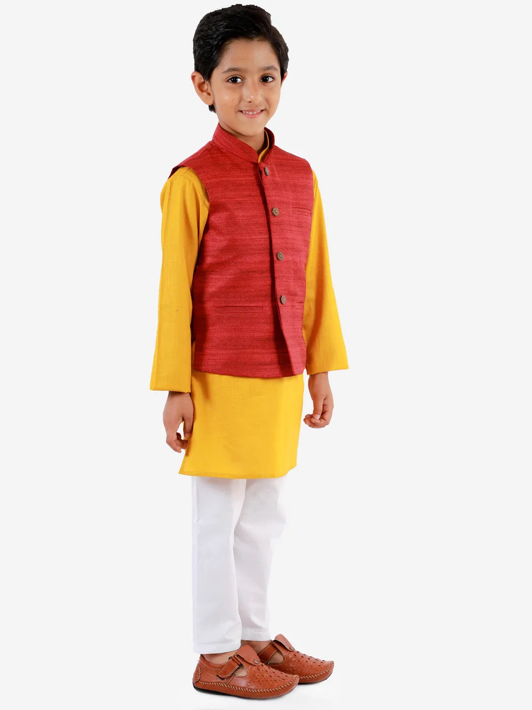 Jashvi Boys Maroon, Mustard And White Jacket, Kurta and Pyjama Set