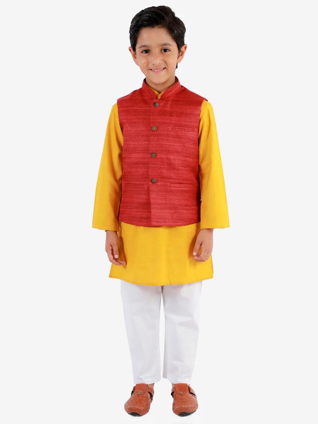 Jashvi Boys Maroon, Mustard And White Jacket, Kurta and Pyjama Set