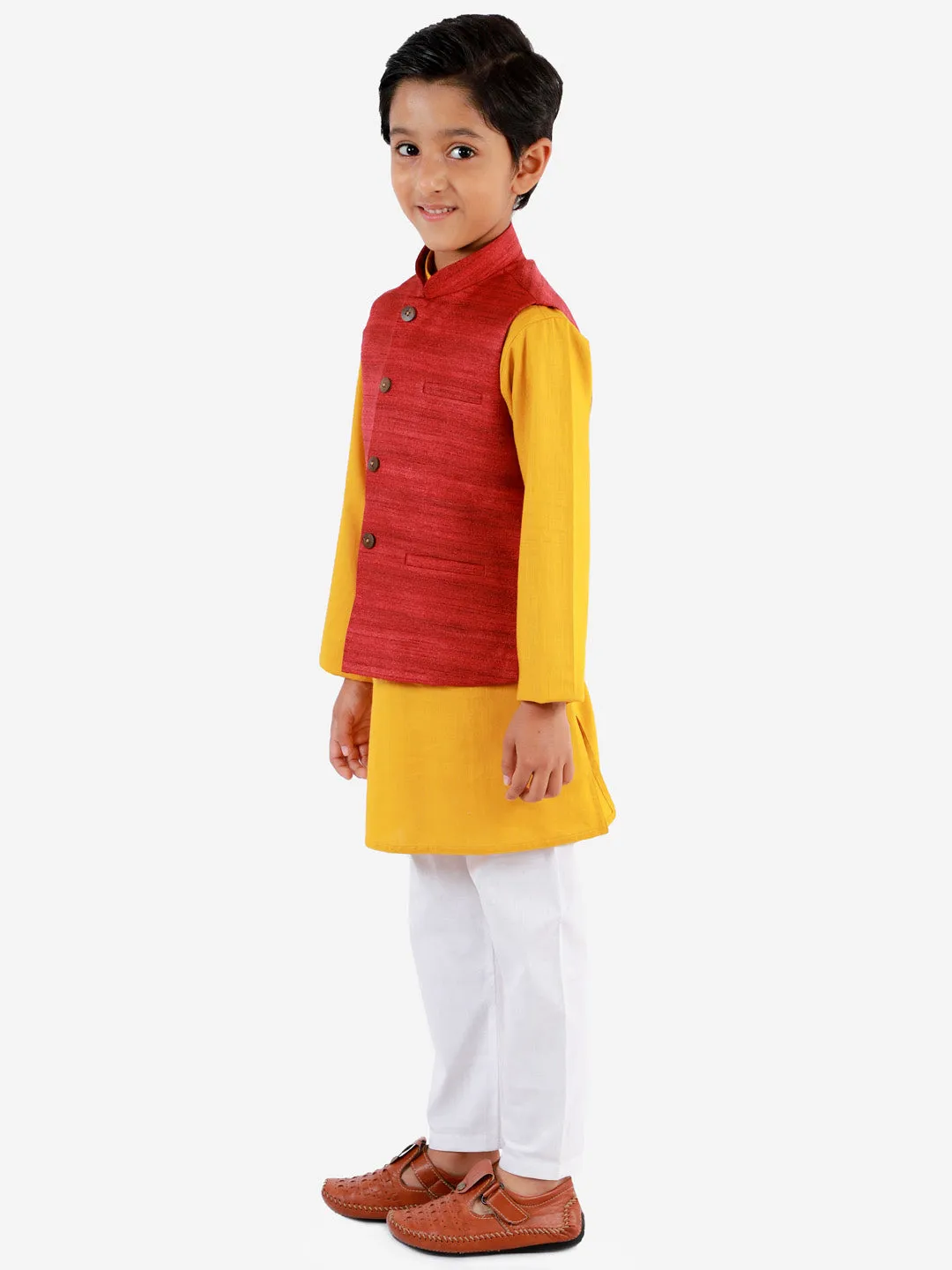 Jashvi Boys Maroon, Mustard And White Jacket, Kurta and Pyjama Set