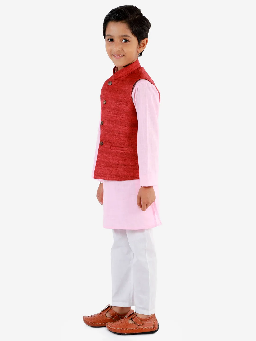 Jashvi Boys Maroon, Pink And White Jacket, Kurta and Pyjama Set