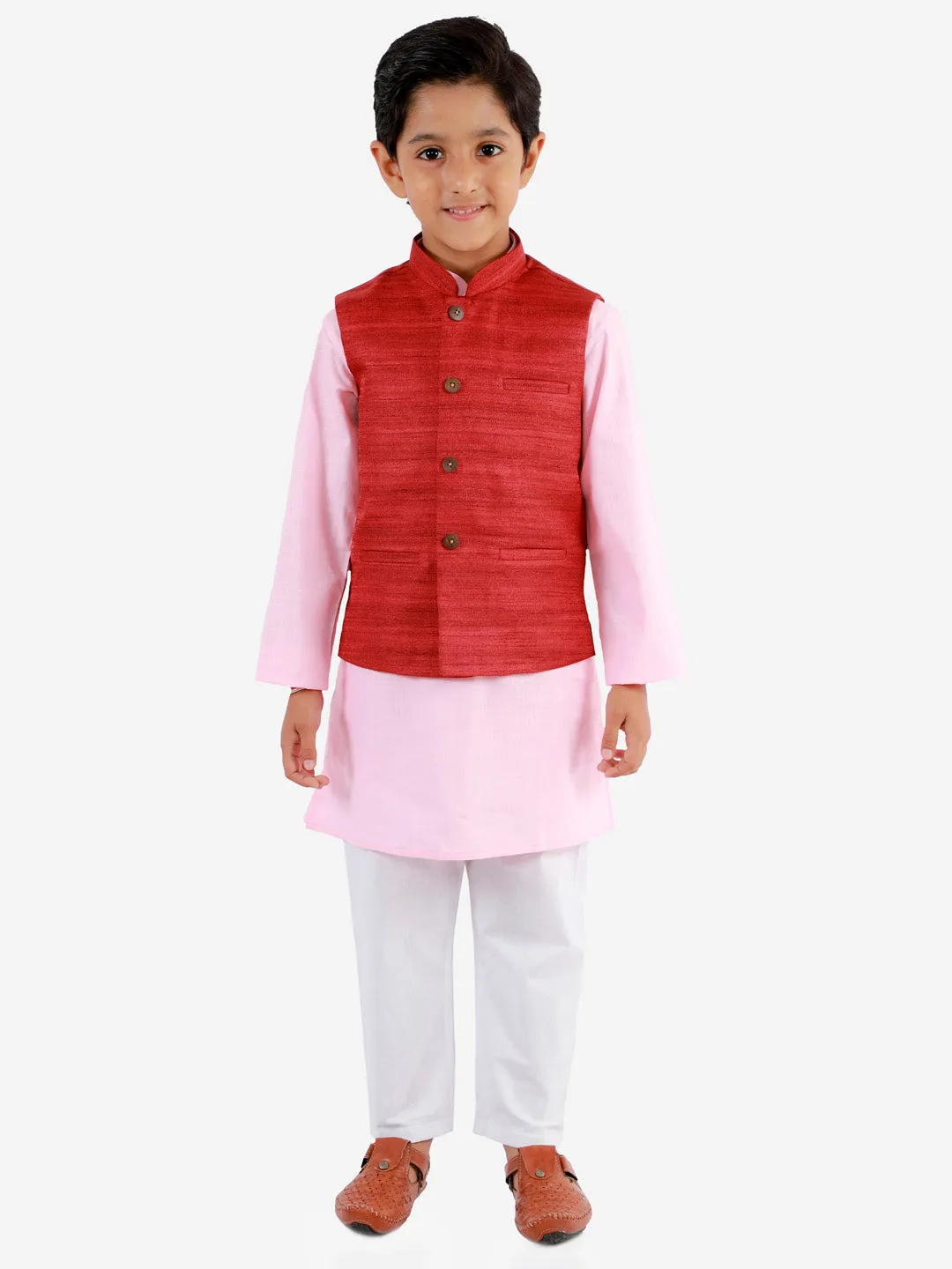 Jashvi Boys Maroon, Pink And White Jacket, Kurta and Pyjama Set