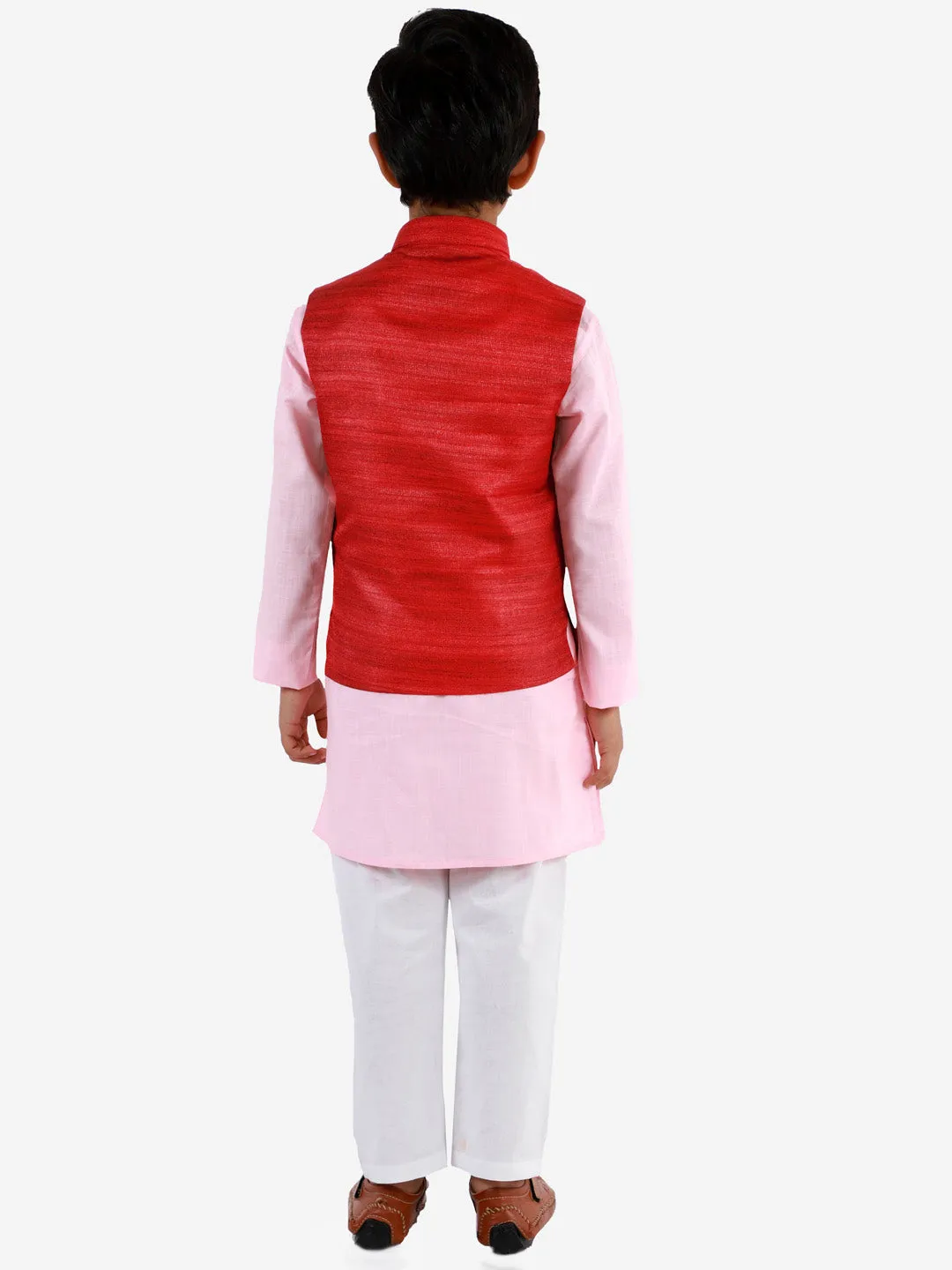 Jashvi Boys Maroon, Pink And White Jacket, Kurta and Pyjama Set