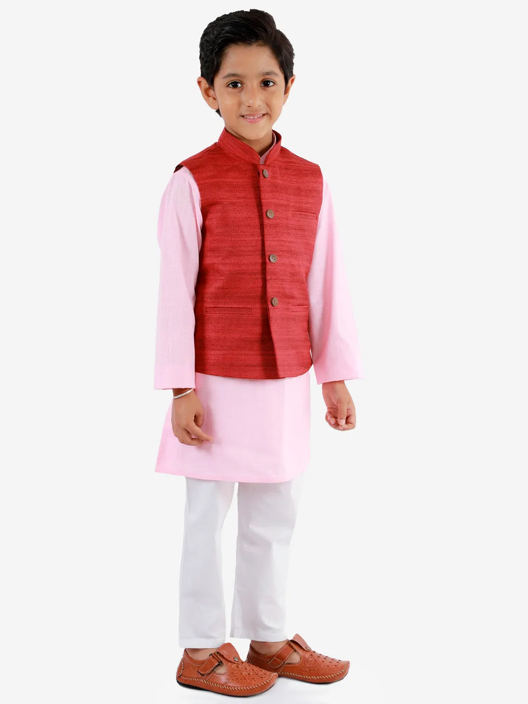 Jashvi Boys Maroon, Pink And White Jacket, Kurta and Pyjama Set