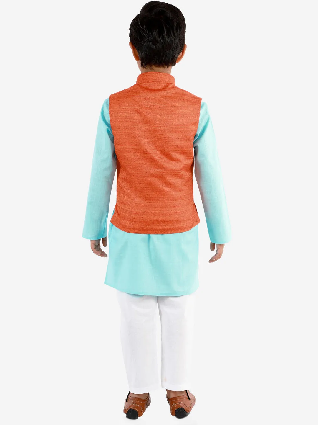 Jashvi Boys Orange, Aqua And White Jacket, Kurta and Pyjama Set