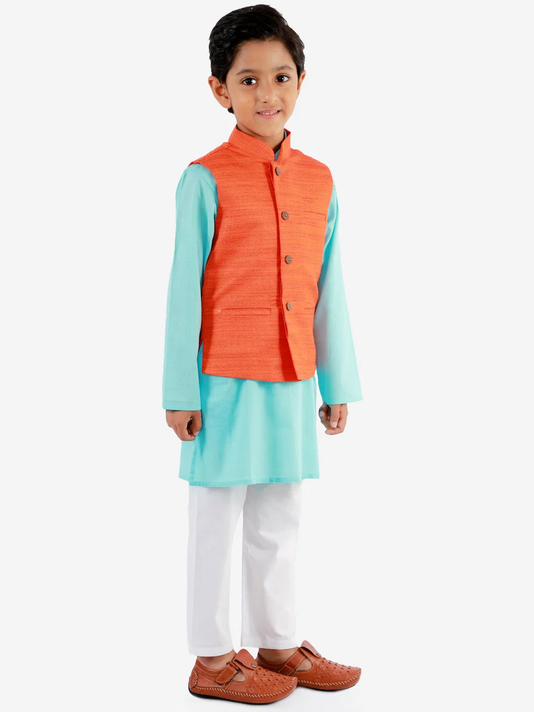 Jashvi Boys Orange, Aqua And White Jacket, Kurta and Pyjama Set