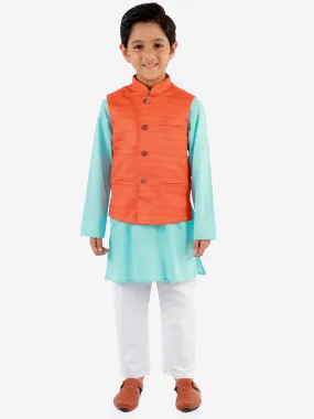 Jashvi Boys Orange, Aqua And White Jacket, Kurta and Pyjama Set