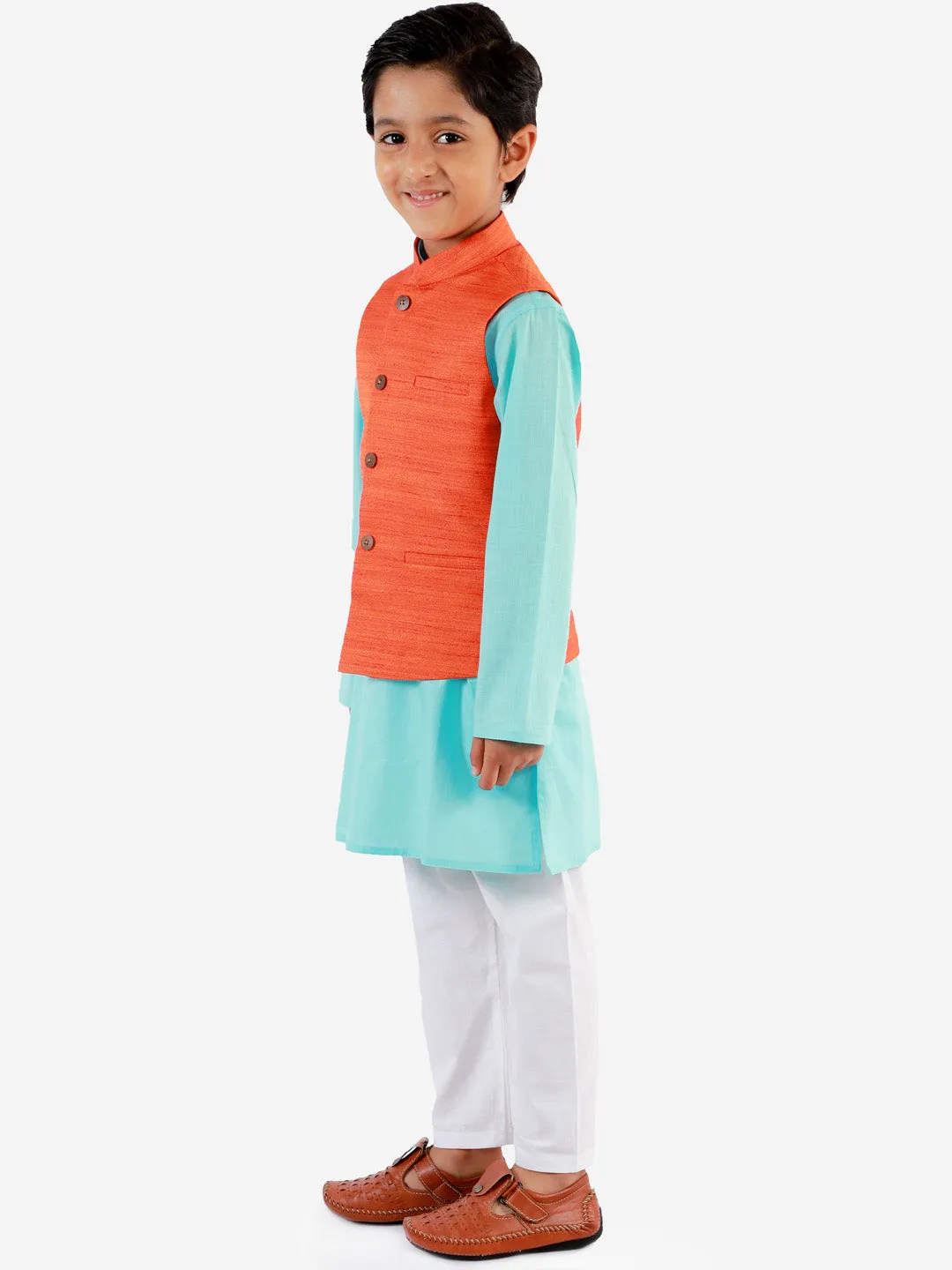 Jashvi Boys Orange, Aqua And White Jacket, Kurta and Pyjama Set