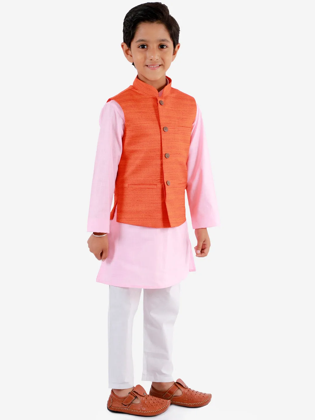 Jashvi Boys Orange, Pink And White Jacket, Kurta and Pyjama Set