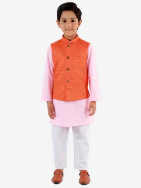 Jashvi Boys Orange, Pink And White Jacket, Kurta and Pyjama Set