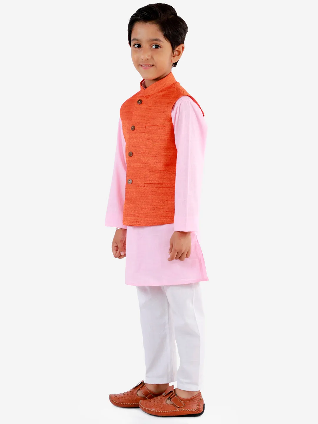 Jashvi Boys Orange, Pink And White Jacket, Kurta and Pyjama Set