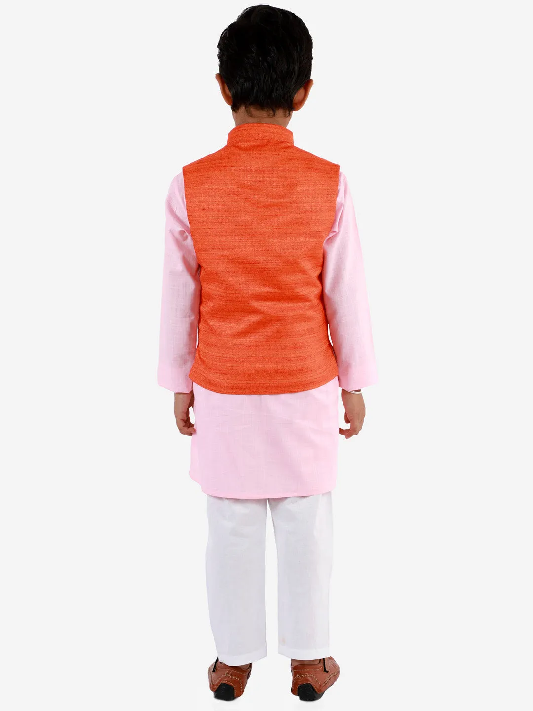 Jashvi Boys Orange, Pink And White Jacket, Kurta and Pyjama Set