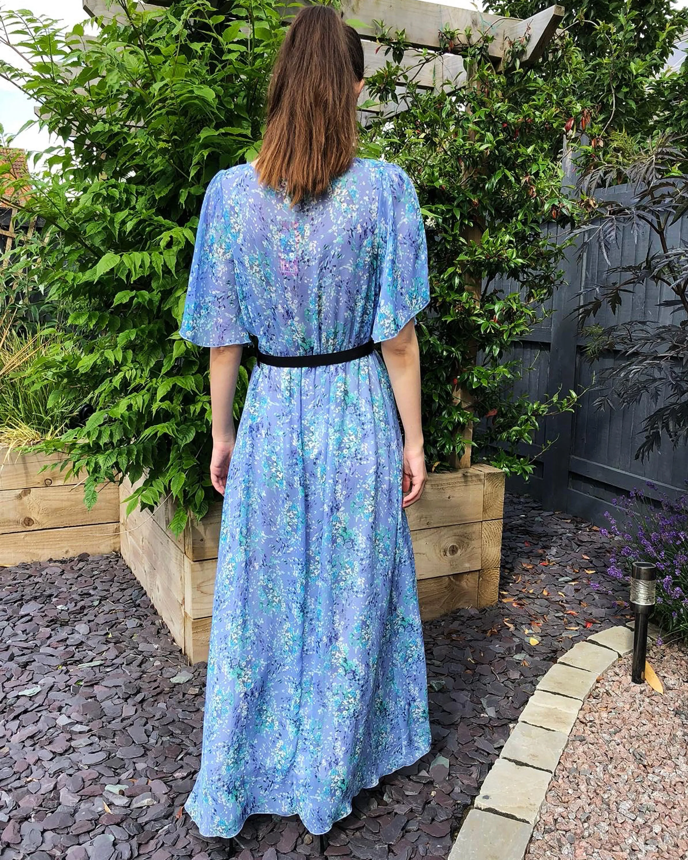 Lady Blue Floral Print Chiffon Wrap Maxi Dress