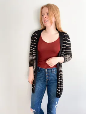 Laura Black and Taupe Stripe Knit Open Long Cardigan - Small