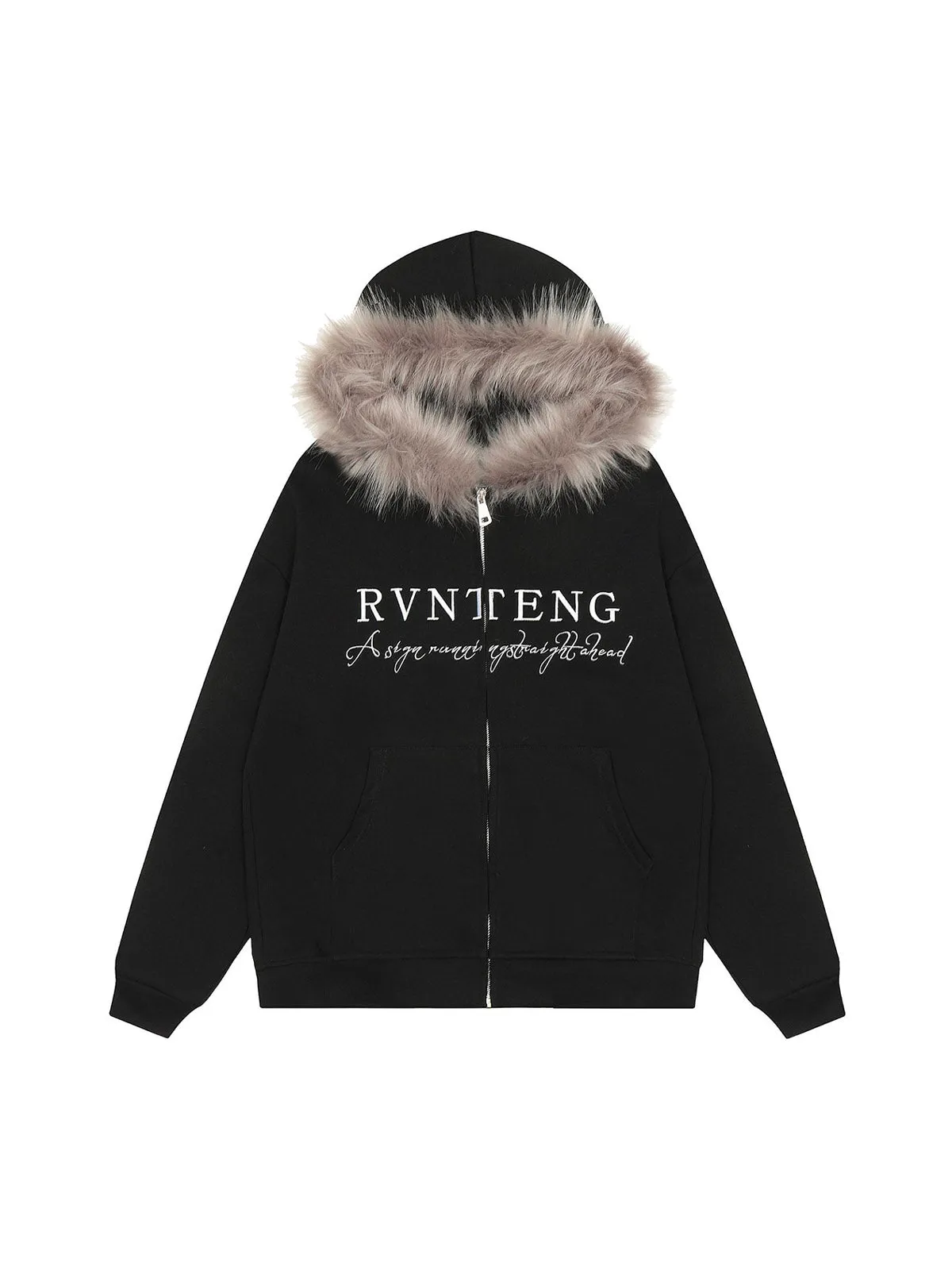 Letter Embroidered Fur Hooded Fleece Jacket