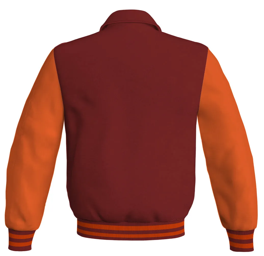 Luxury Bomber Classic Jacket Maroon Body and Orange Leather Sleeves