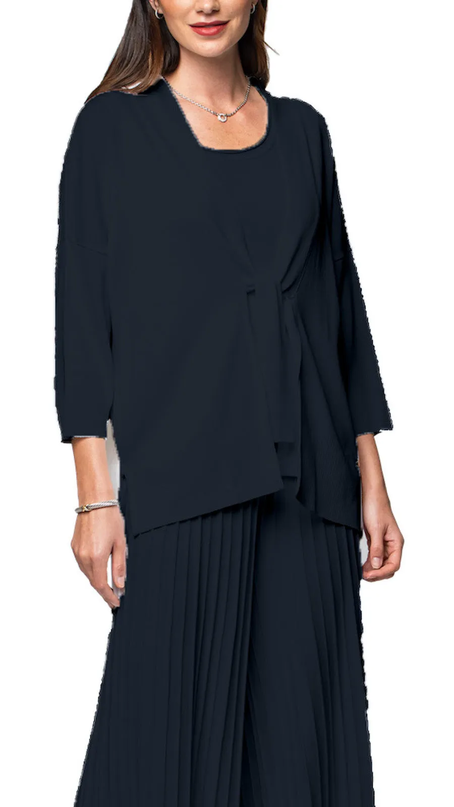 Malia Three-Quarter Sleeved Front-Tie Cardigan; Dark Navy