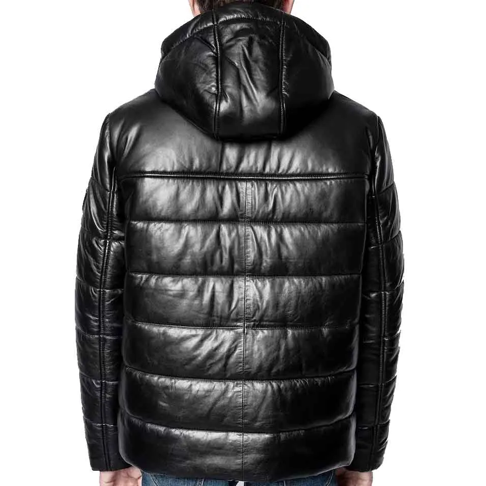 Mens Black Leather Bubble Jacket with Hoodie