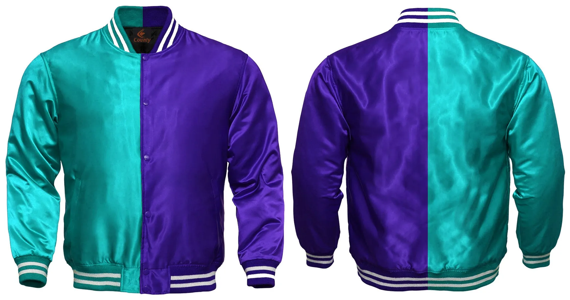 Mens Letterman Jacket Turquoise Purple Satin Jacket Team Varsity Jackets