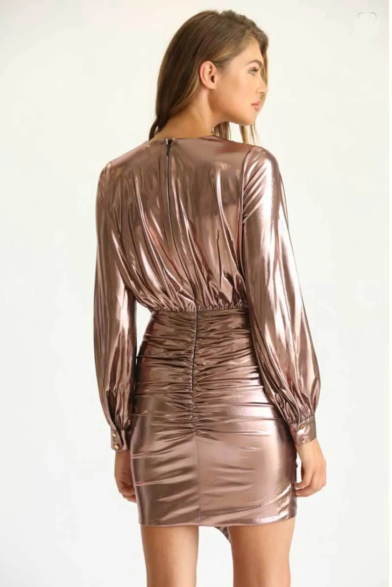 Metallic Plunge Wrap Mini Dress