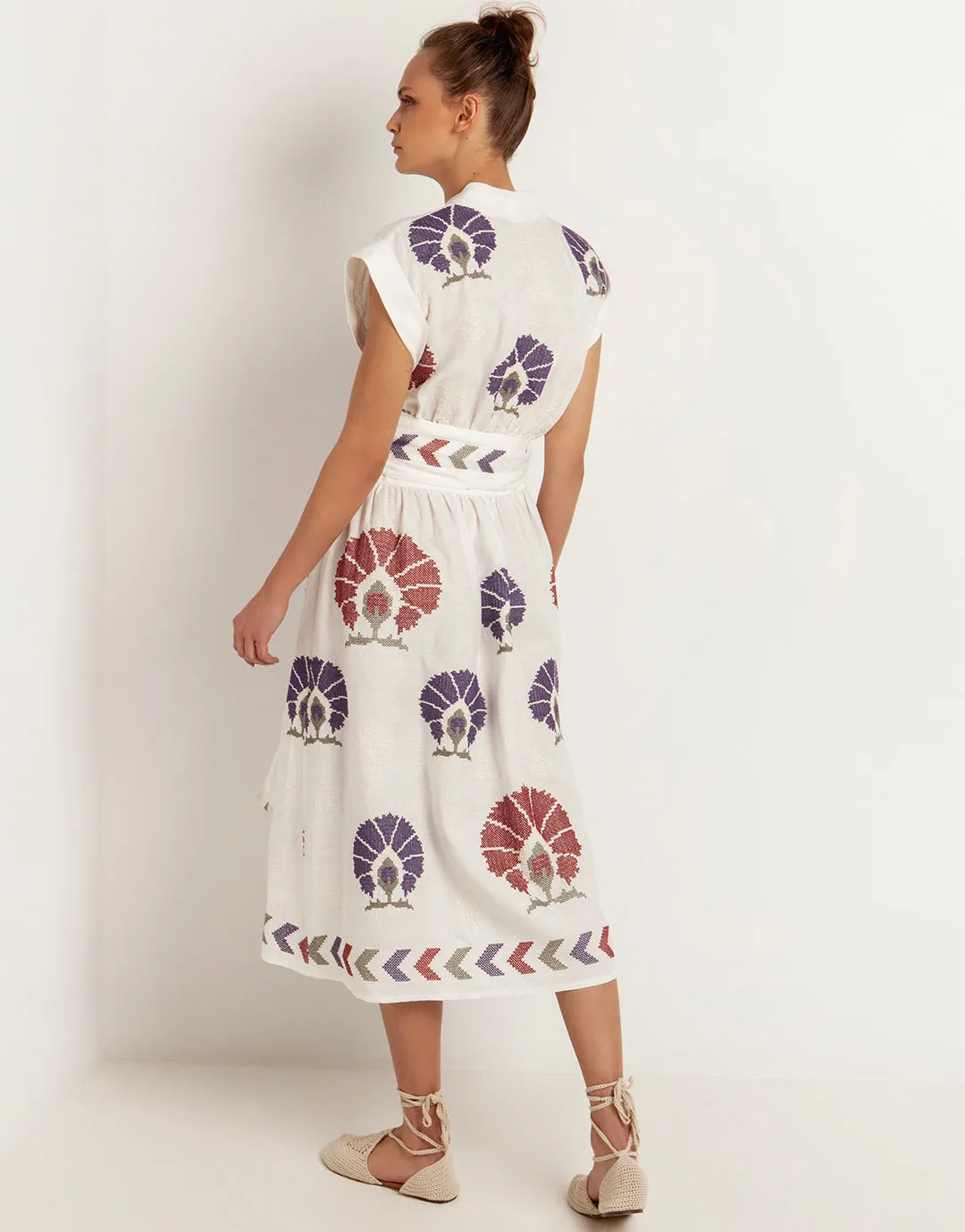 Mini Peacocks Wrap Midi Dress - White and Purple