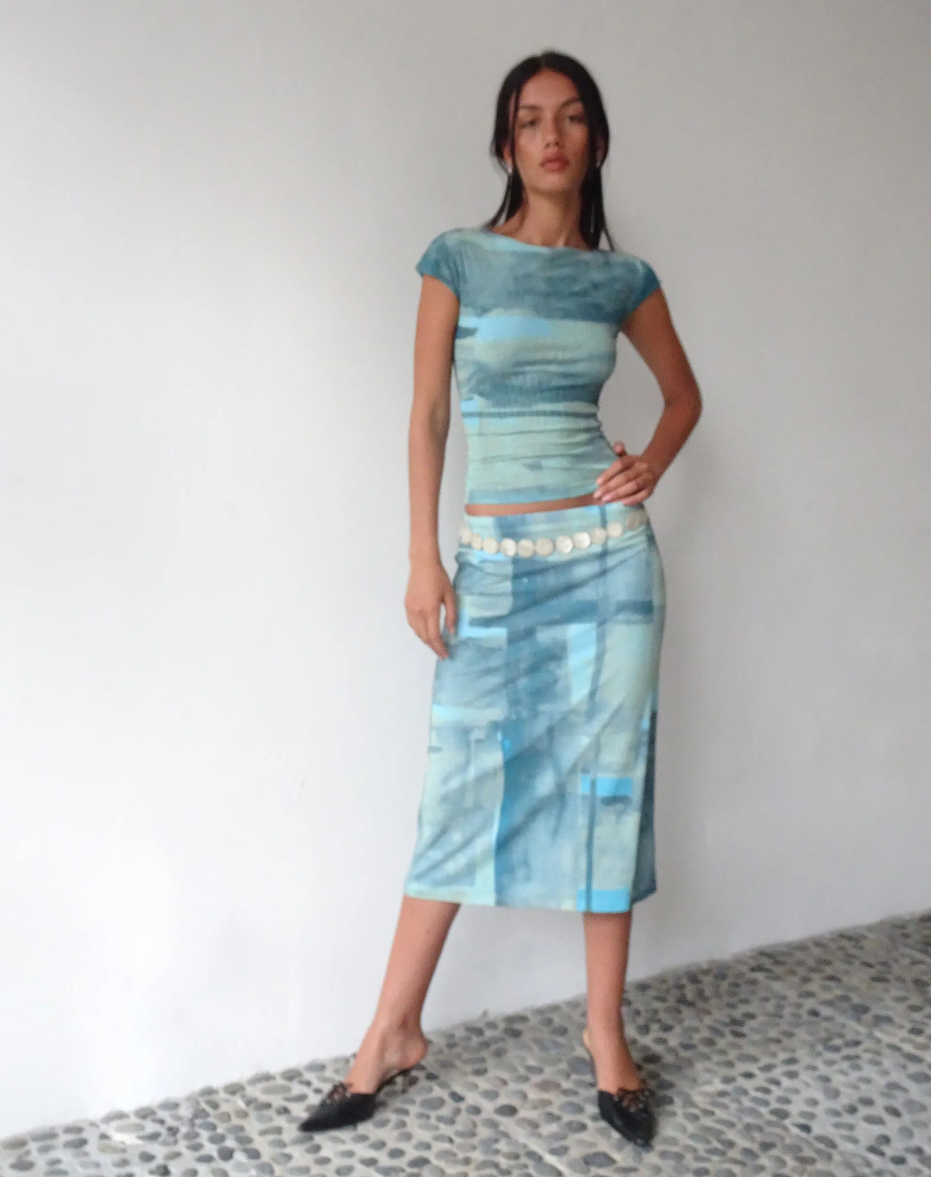 MOTEL X JACQUIE Gia Midi Skirt in Mesh Abstract Paint Brush Green