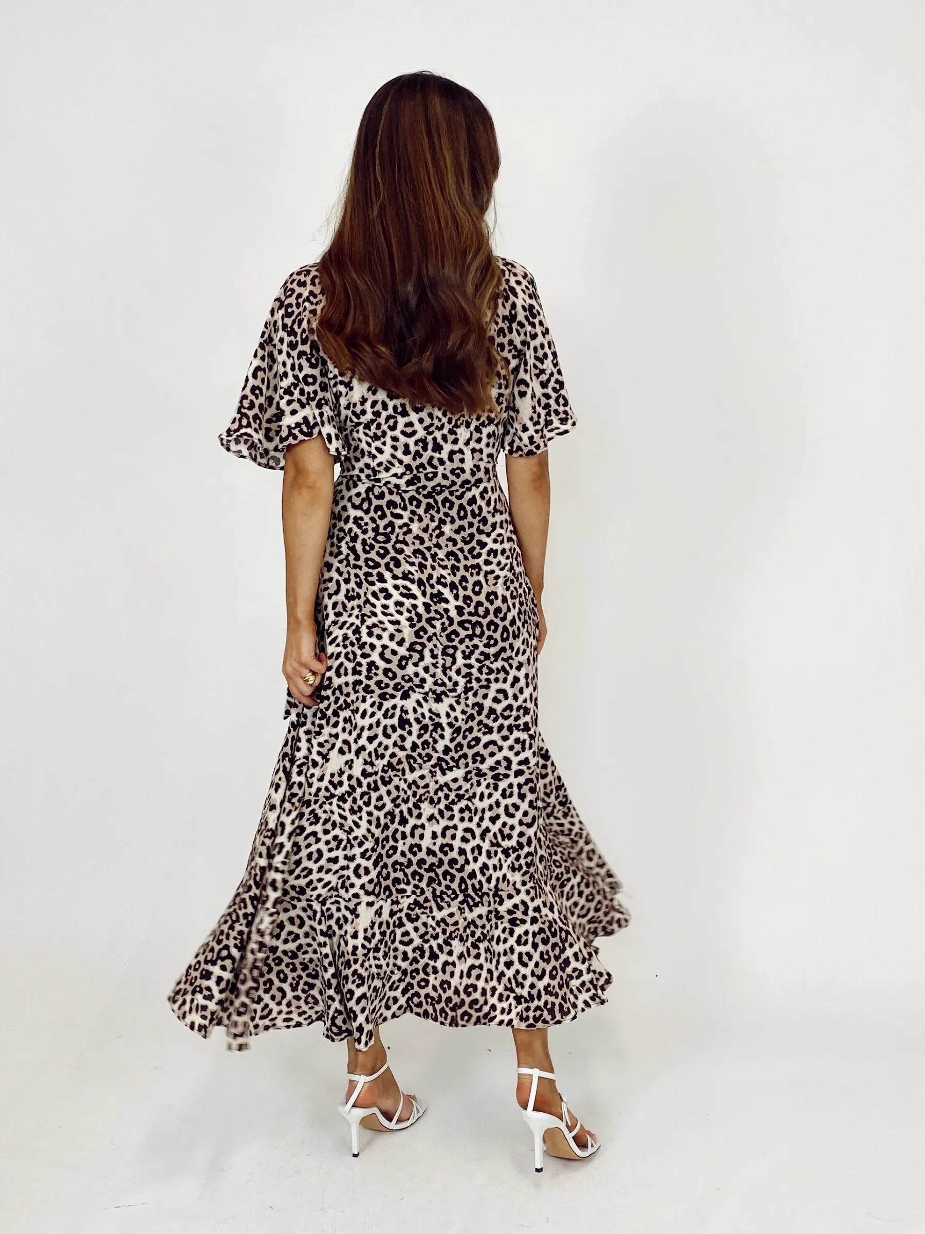 Ophelia Neutral Animal Print Angel Sleeve Wrap Midi Dress