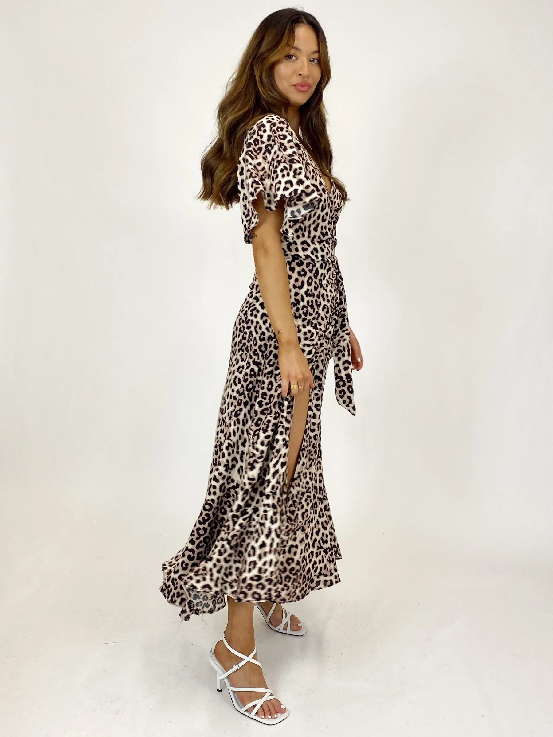 Ophelia Neutral Animal Print Angel Sleeve Wrap Midi Dress