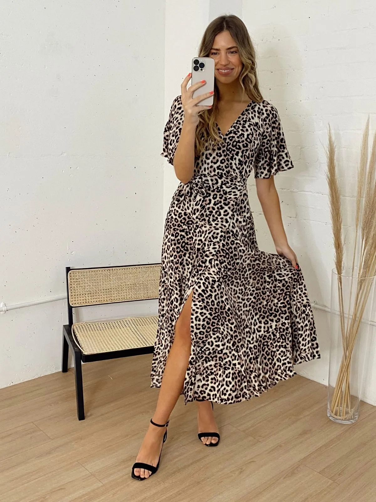 Ophelia Neutral Animal Print Angel Sleeve Wrap Midi Dress