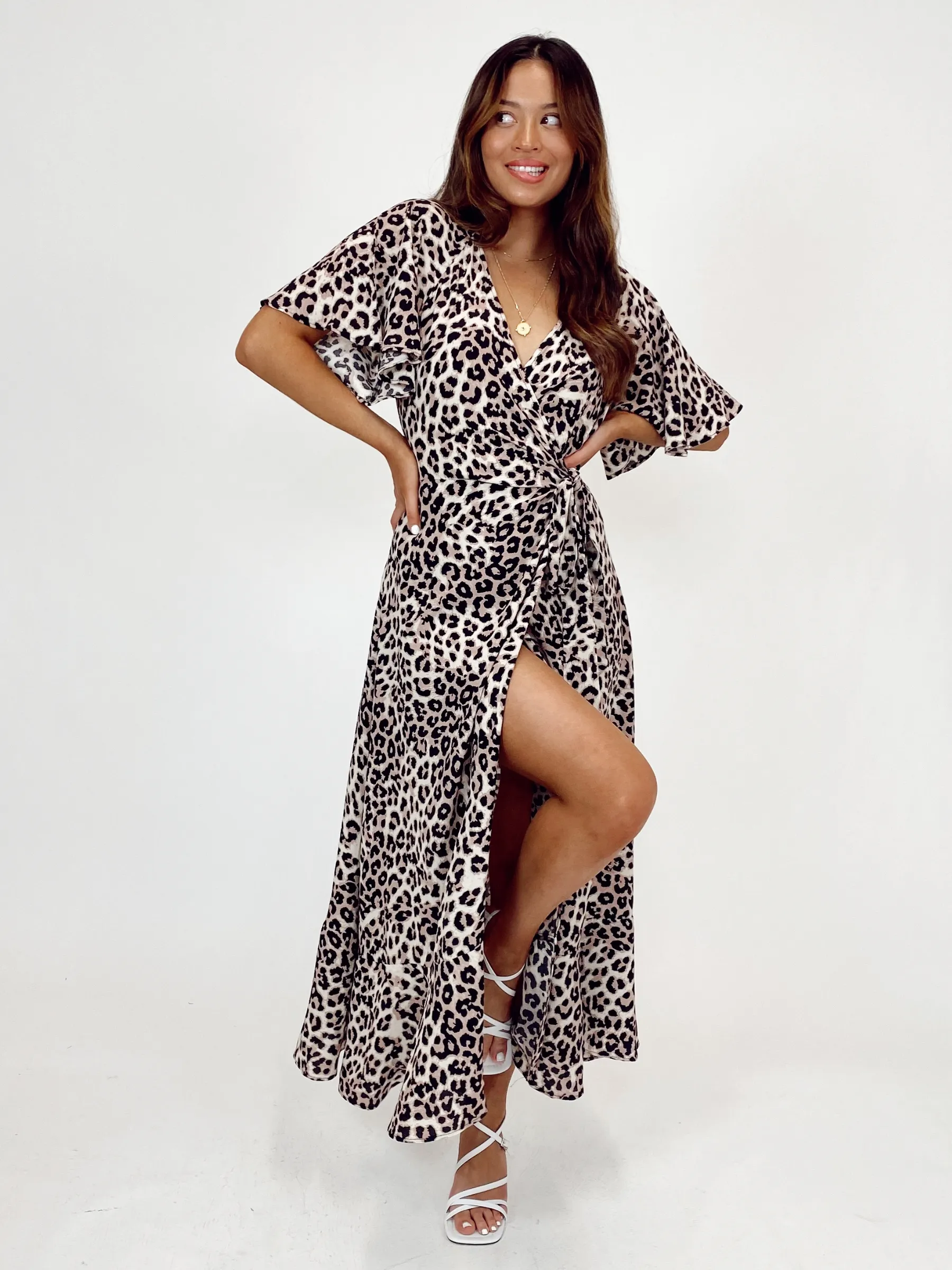 Ophelia Neutral Animal Print Angel Sleeve Wrap Midi Dress