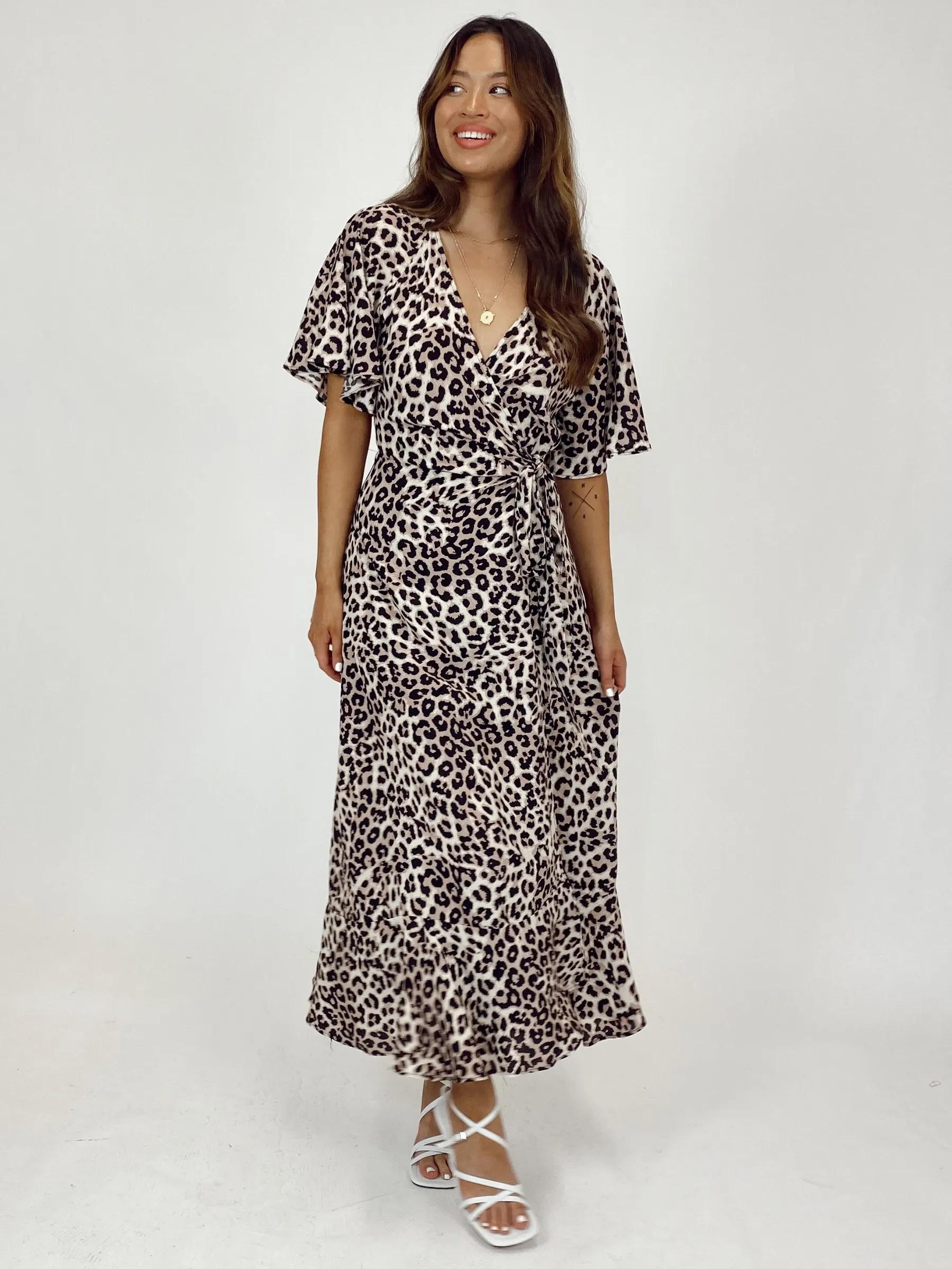 Ophelia Neutral Animal Print Angel Sleeve Wrap Midi Dress