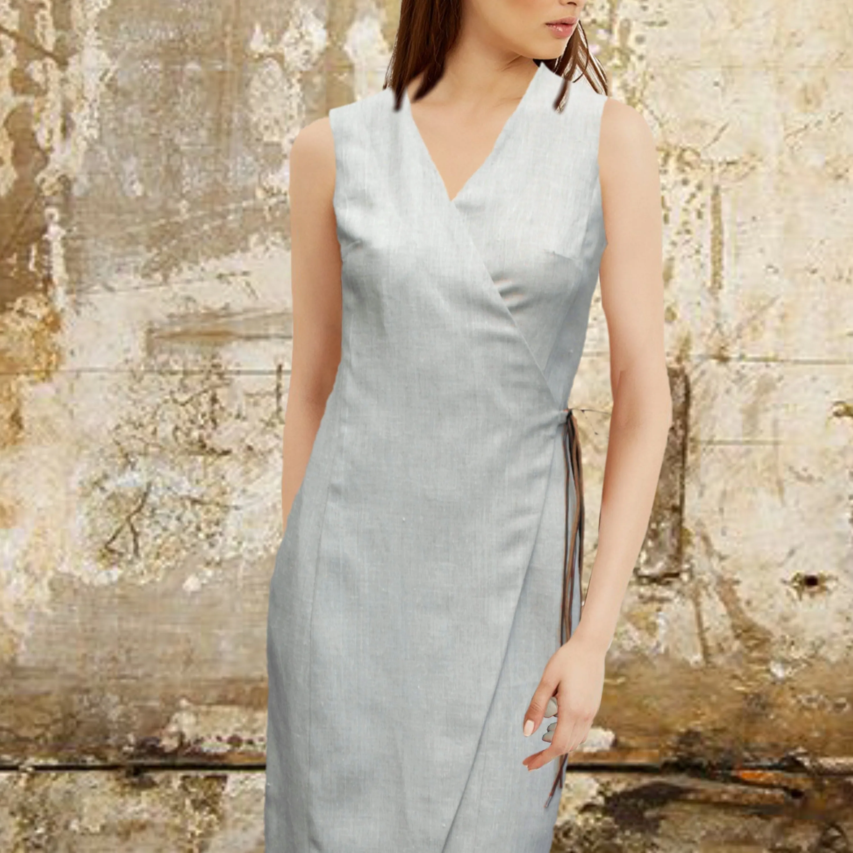 overslag jurkje van biologische linnen / linen wrap dress made of organic linen