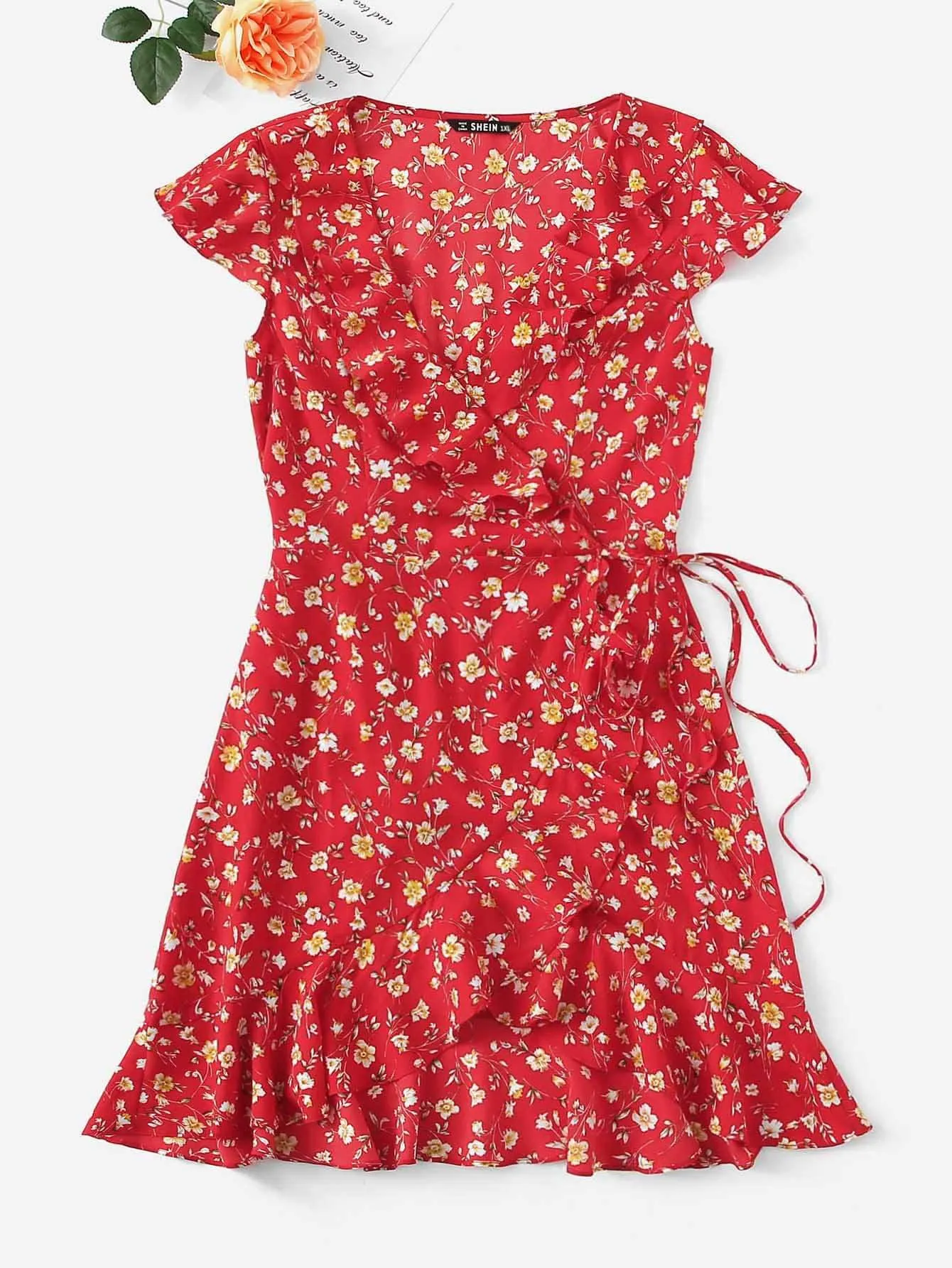 Plus Ditsy Floral Ruffle Trim Self Tie Wrap Dress