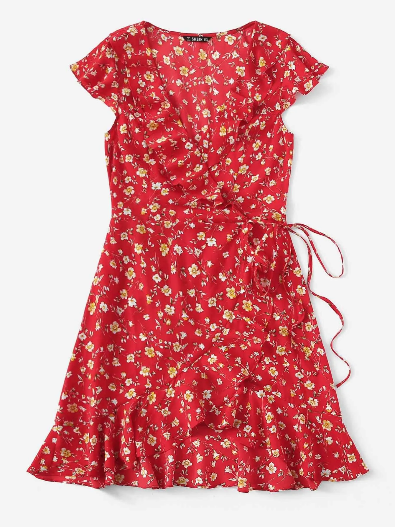 Plus Ditsy Floral Ruffle Trim Self Tie Wrap Dress