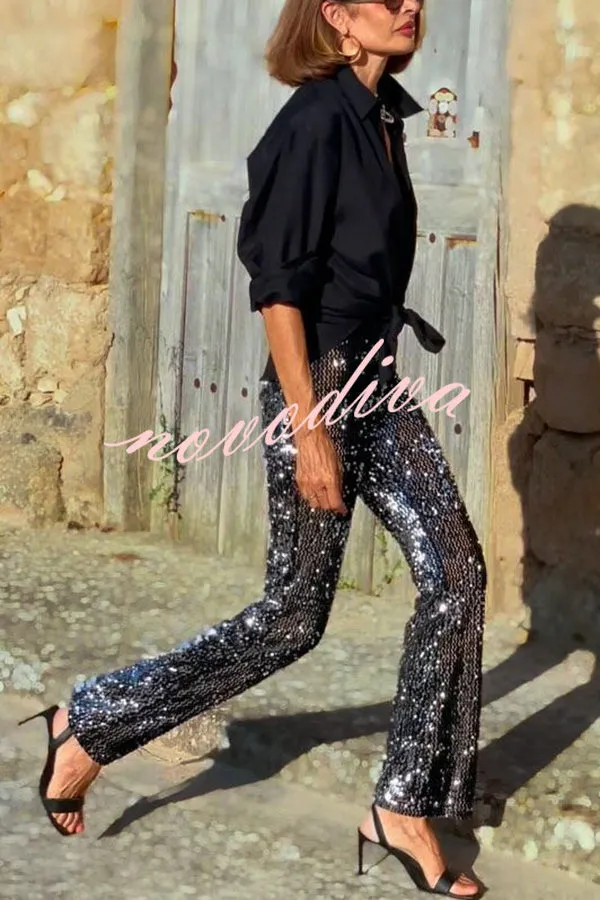 Pursue Shine Sequin High Rise Elastic Waist Flare Pants