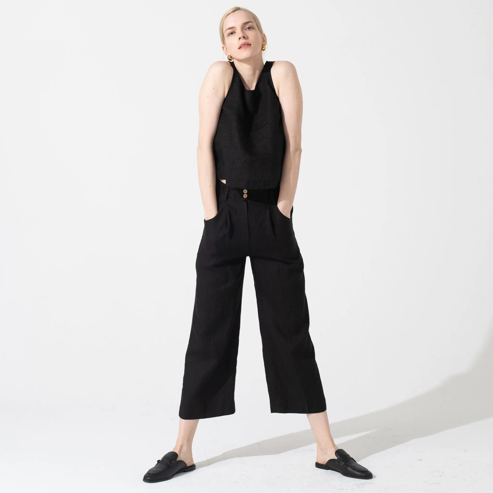 R: DAMME-2 high-waisted linen pants (Size: L; Color: Oat Milk)