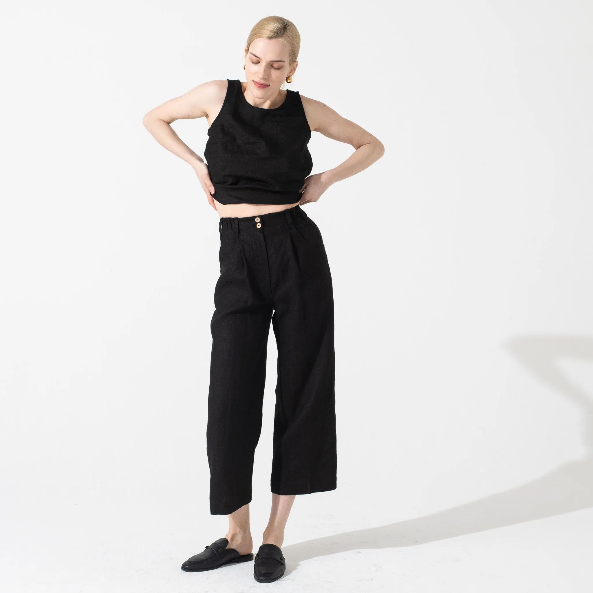 R: DAMME-2 high-waisted linen pants (Size: L; Color: Oat Milk)