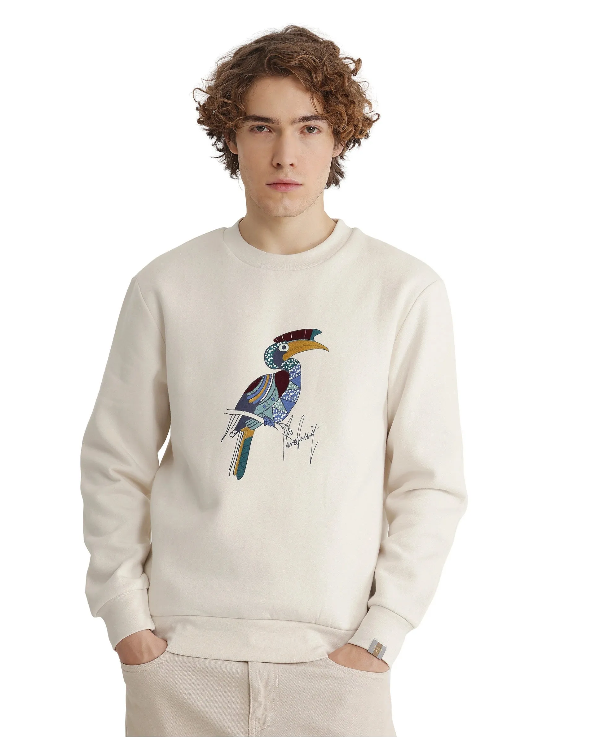 Rare Rabbit Men Nantes Off White Full Sleeve Crew Neck Boxy Fit Printed Sweatshirt