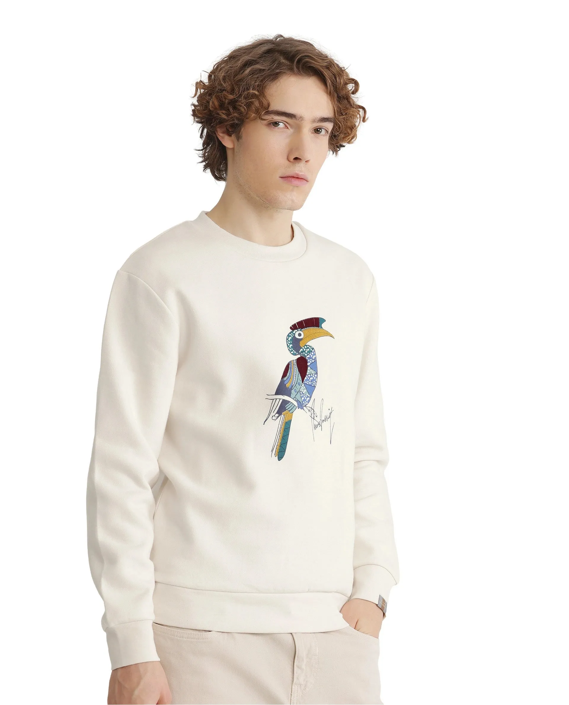 Rare Rabbit Men Nantes Off White Full Sleeve Crew Neck Boxy Fit Printed Sweatshirt