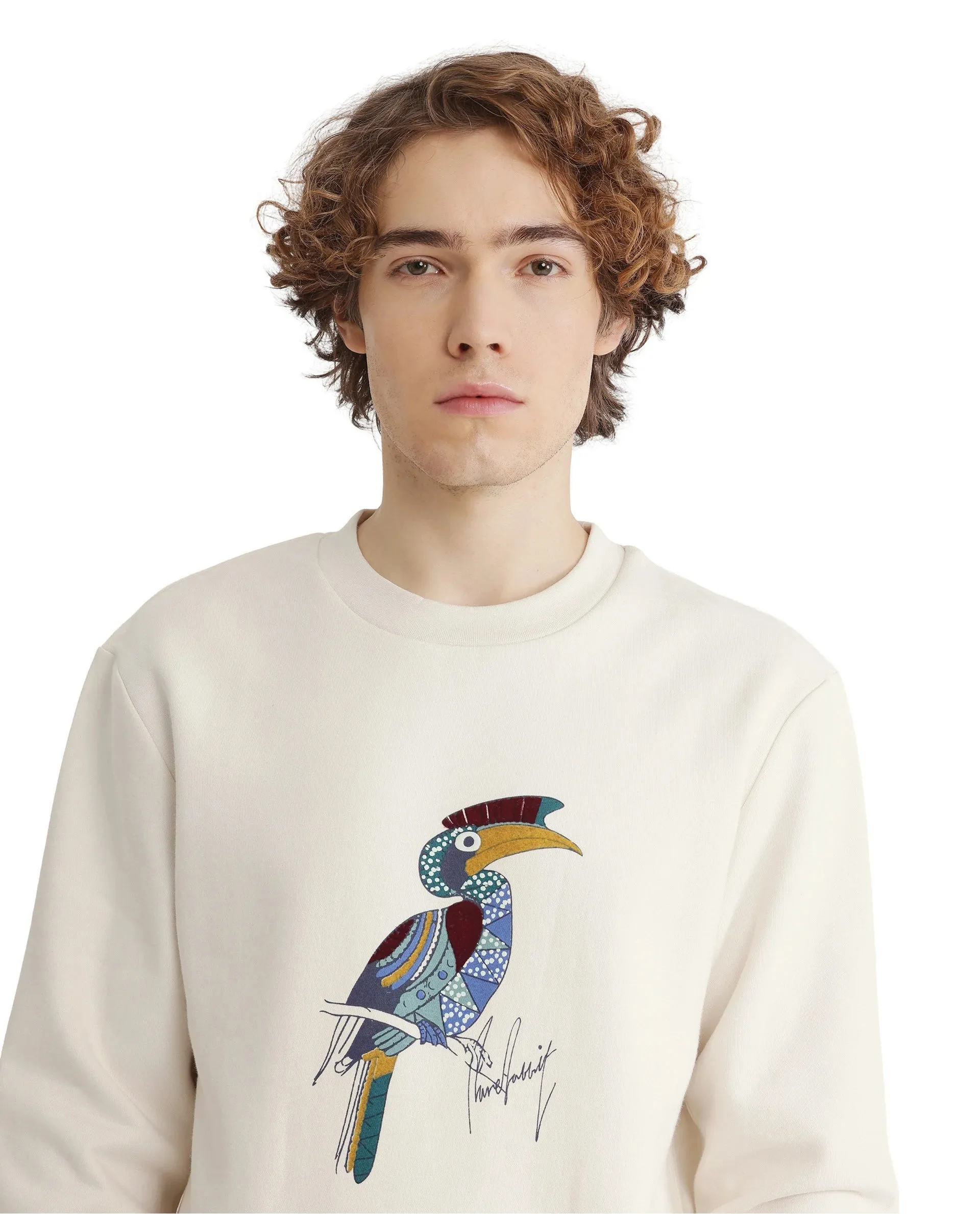 Rare Rabbit Men Nantes Off White Full Sleeve Crew Neck Boxy Fit Printed Sweatshirt