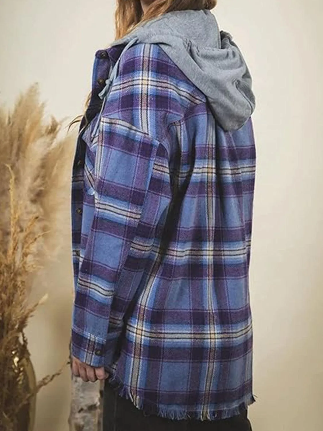 Raw Hem Plaid Long Sleeve Hooded Jacket