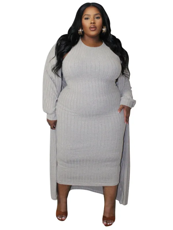 Ribbed Plus Size Dress & Cardigan Set for Office to Evening