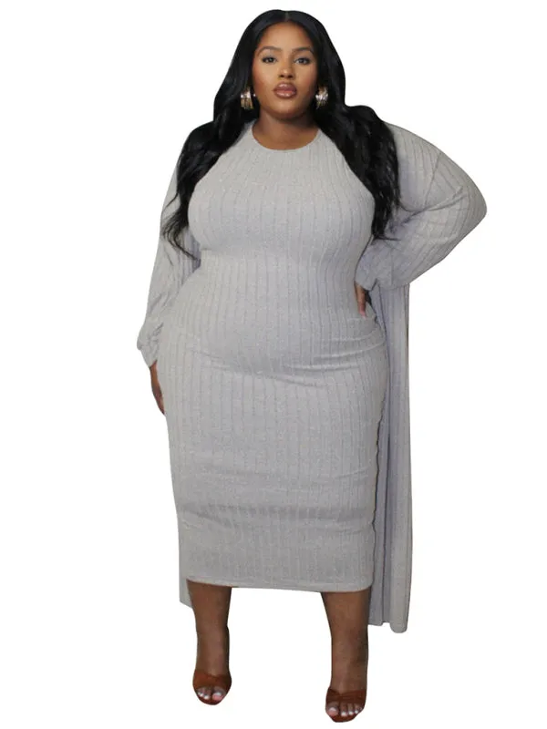 Ribbed Plus Size Dress & Cardigan Set for Office to Evening