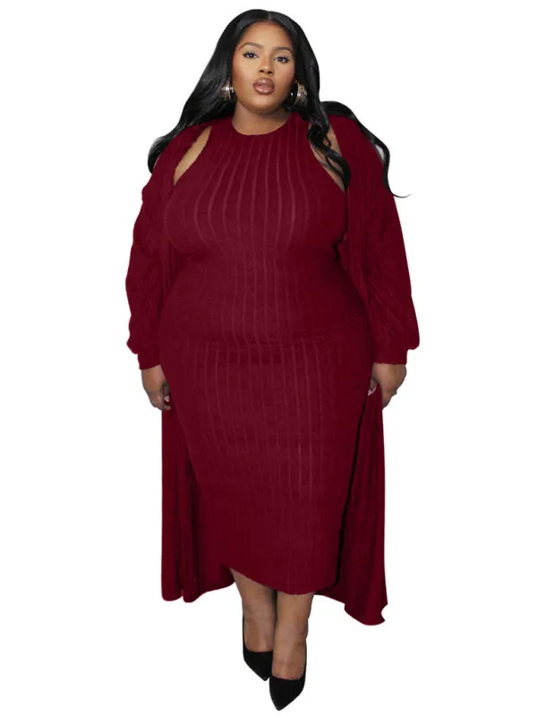 Ribbed Plus Size Dress & Cardigan Set for Office to Evening