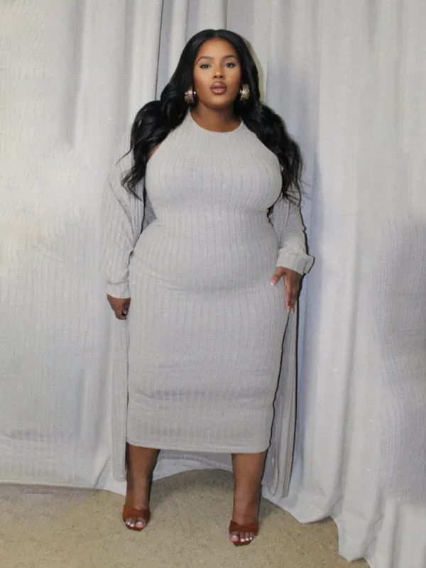 Ribbed Plus Size Dress & Cardigan Set for Office to Evening