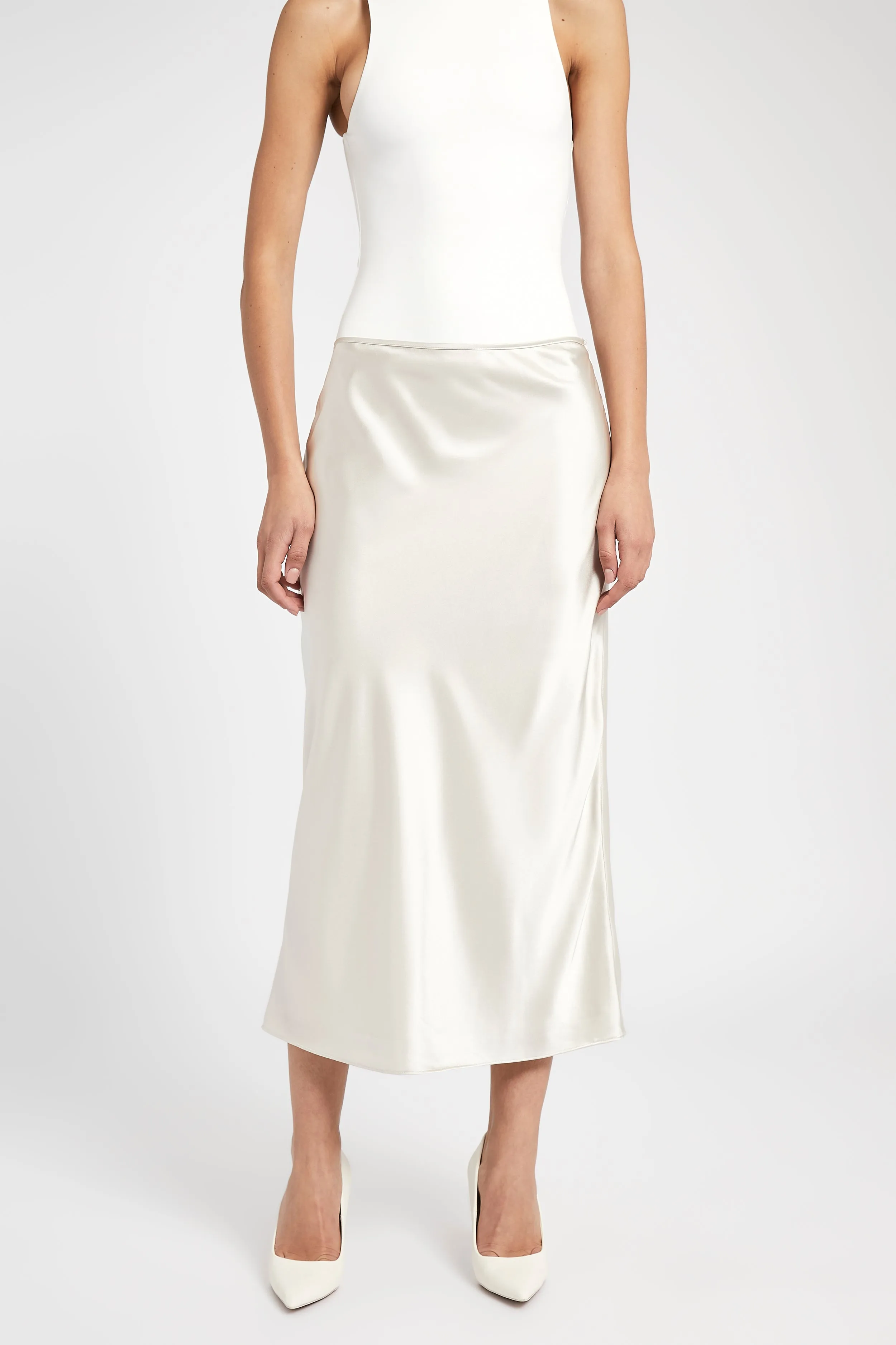 Satin Slip Midi Skirt - Champagne