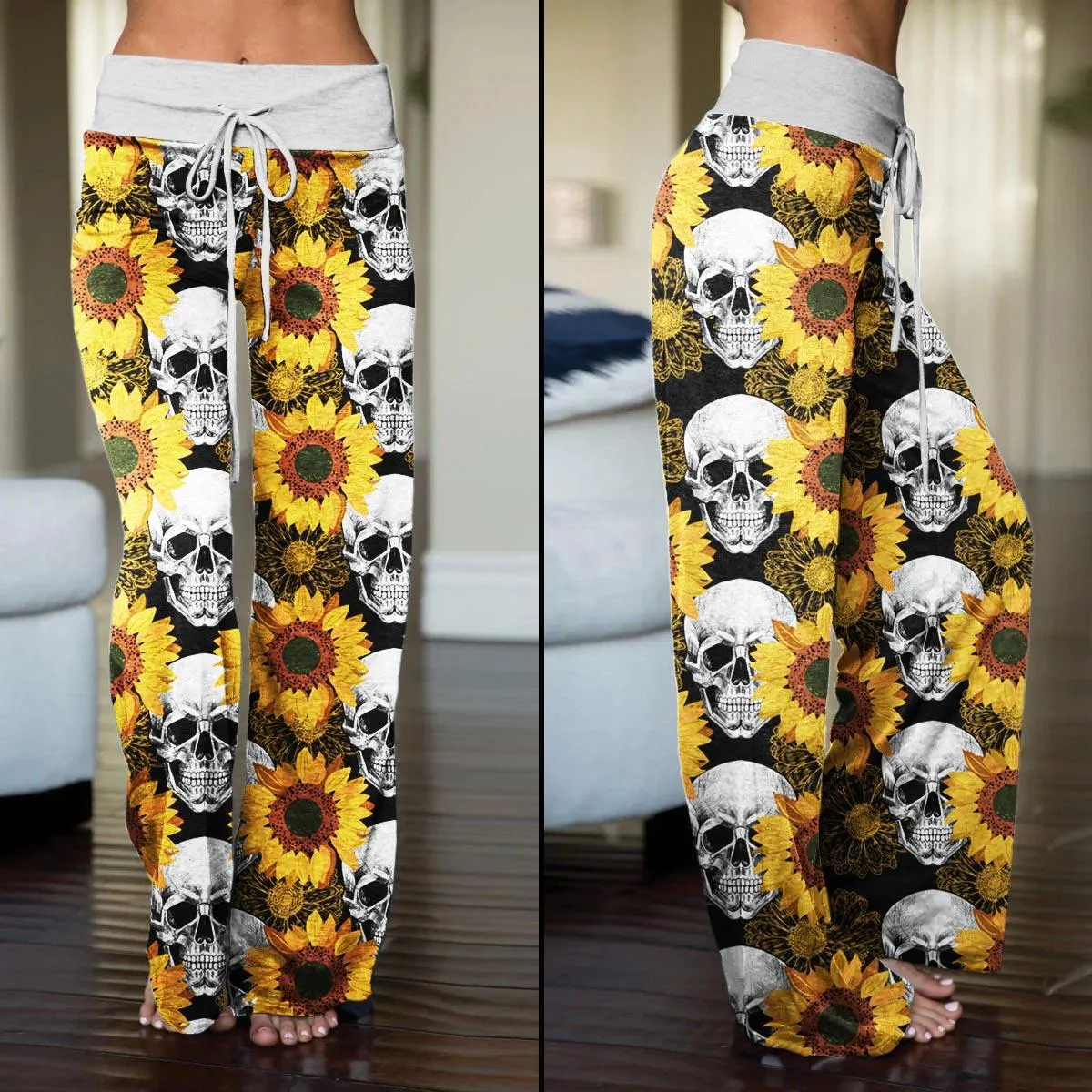 Skull Flower Pattern Pajama Pants Print Drawstring Palazzo Lounge