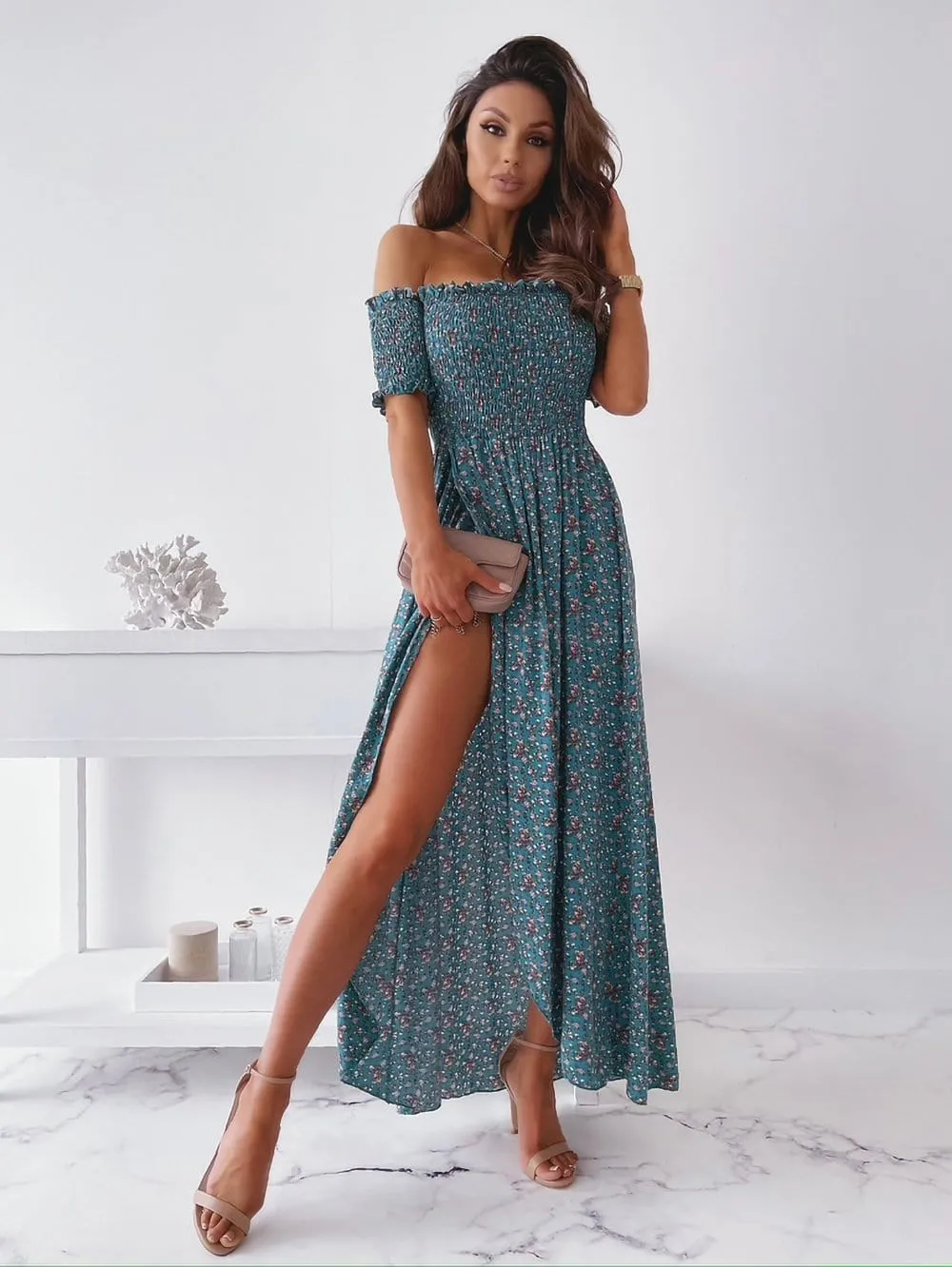 Smocked Wrap Off-Shoulder Maxi Dress