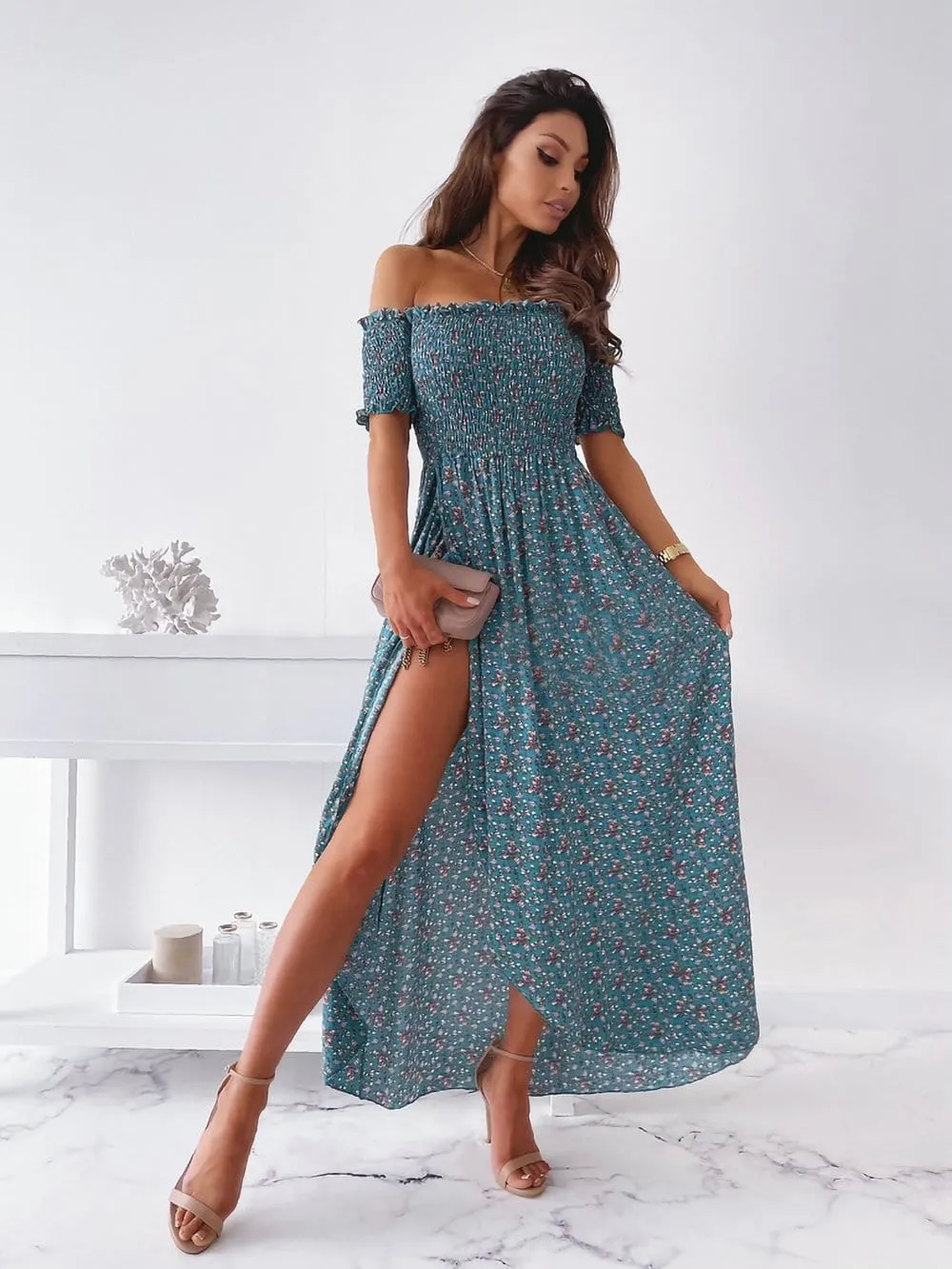 Smocked Wrap Off-Shoulder Maxi Dress