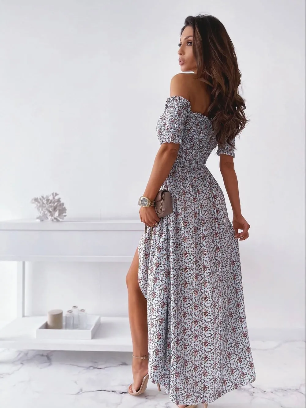 Smocked Wrap Off-Shoulder Maxi Dress